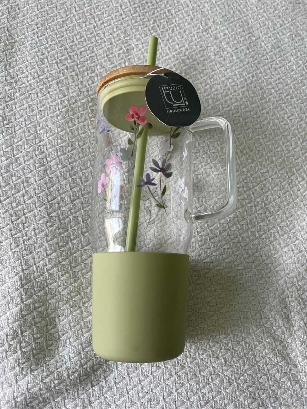 Studio tu 33 oz Green Floral Glass Tumbler with a Straw + Bamboo Lid (NWT!!)